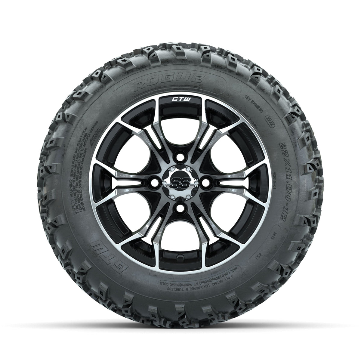 GTW Spyder Machined/Black 12" Wheels with 22x11.00-12 Rogue All Terrain Tires Full Set