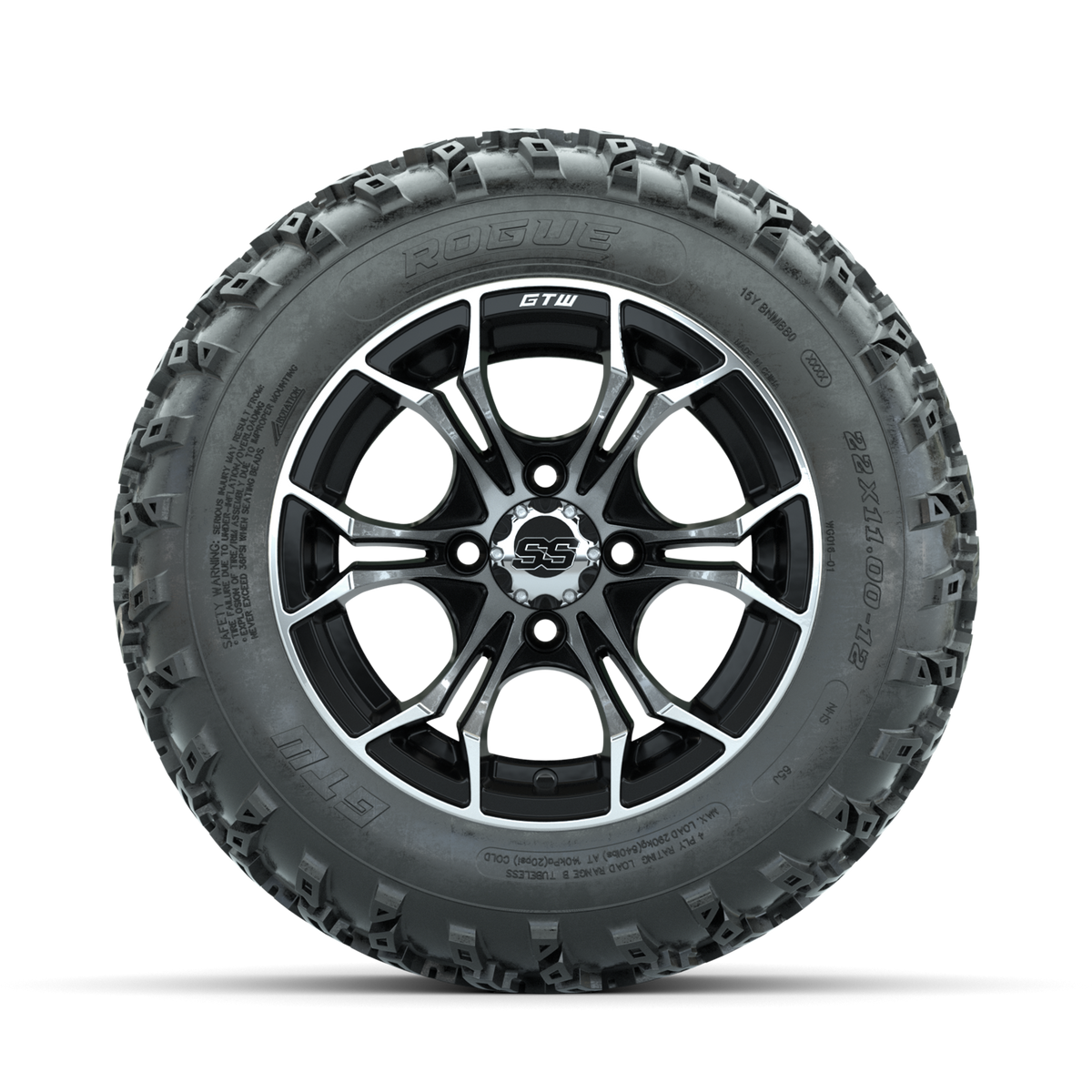 GTW Spyder Machined/Black 12" Wheels with 22x11.00-12 Rogue All Terrain Tires Full Set