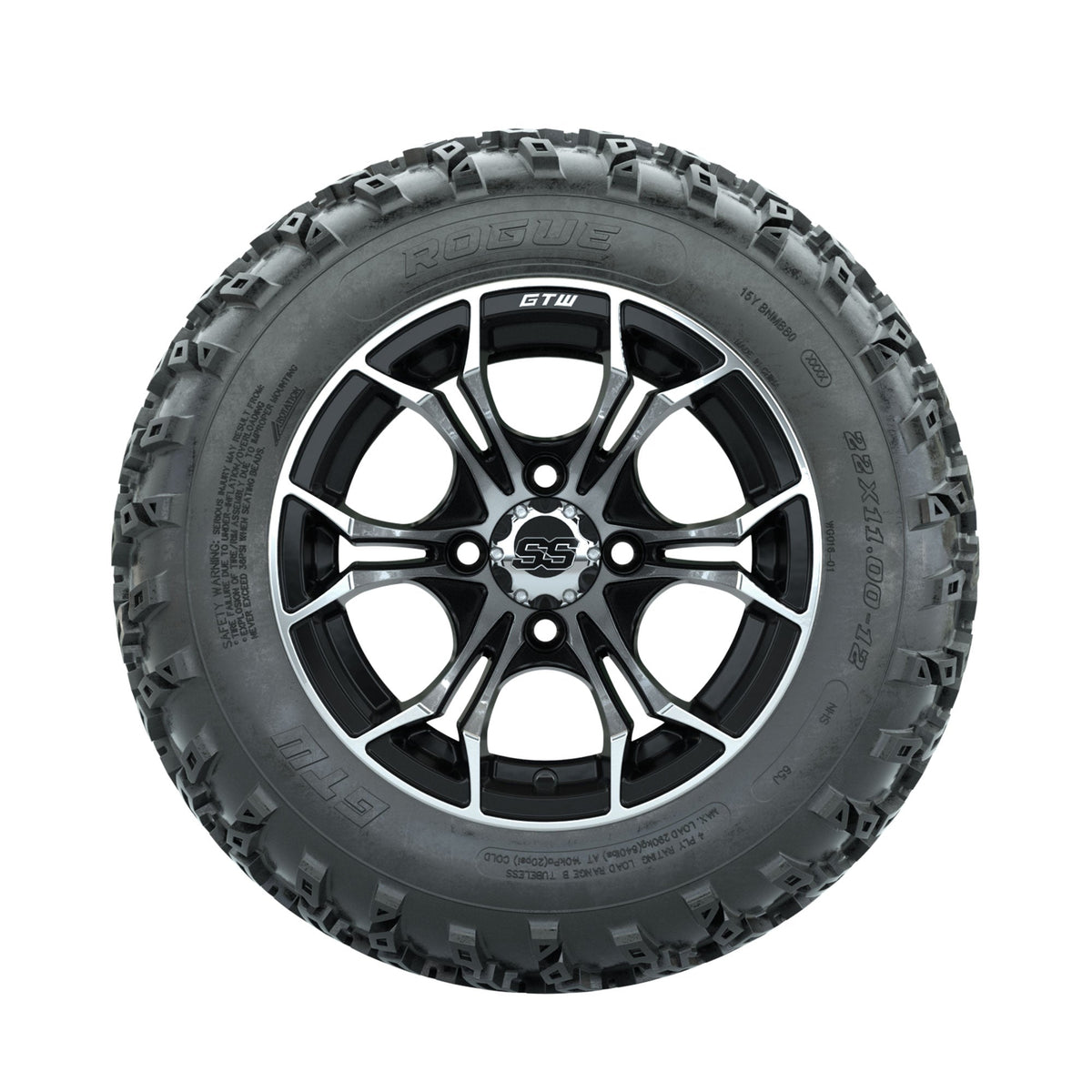 GTW Spyder Machined/Black 12" Wheels with 22x11.00-12 Rogue All Terrain Tires Full Set
