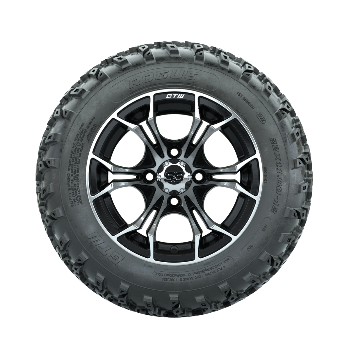 GTW Spyder Machined/Black 12" Wheels with 22x11.00-12 Rogue All Terrain Tires Full Set