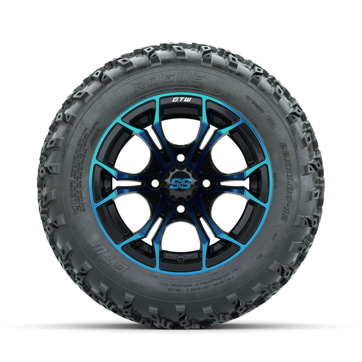 GTW Spyder Blue/Black 12" Wheels with 22x11.00-12 Rogue All Terrain Tires Full Set