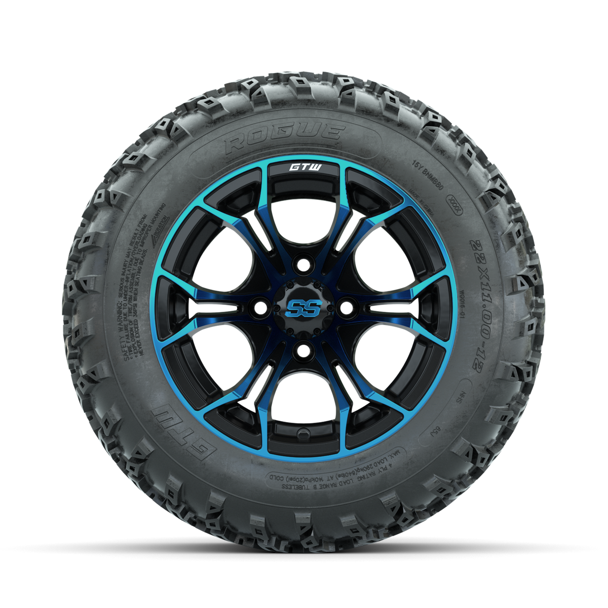 GTW Spyder Blue/Black 12" Wheels with 22x11.00-12 Rogue All Terrain Tires Full Set