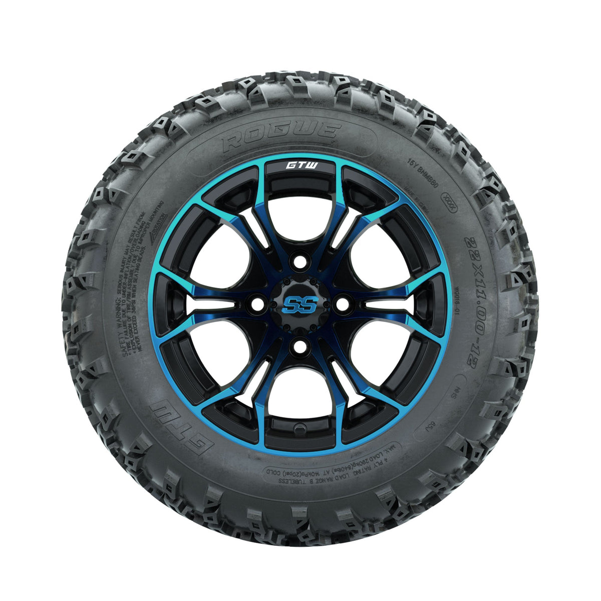 GTW Spyder Blue/Black 12" Wheels with 22x11.00-12 Rogue All Terrain Tires Full Set