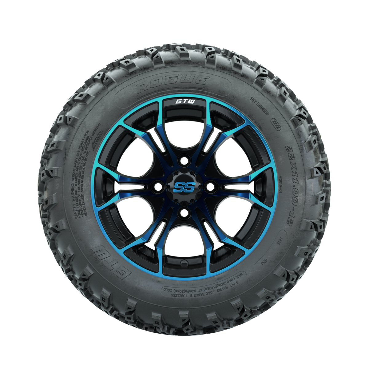 GTW Spyder Blue/Black 12" Wheels with 22x11.00-12 Rogue All Terrain Tires Full Set