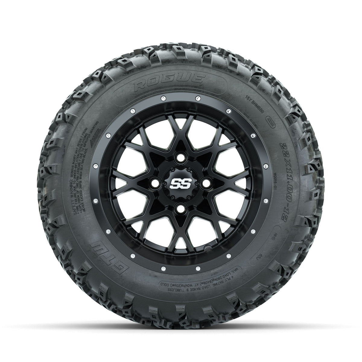 GTW Vortex Matte Black 12" Wheels with 22x11.00-12 Rogue All Terrain Tires Full Set