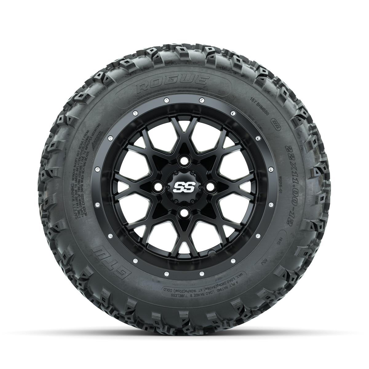 GTW Vortex Matte Black 12" Wheels with 22x11.00-12 Rogue All Terrain Tires Full Set