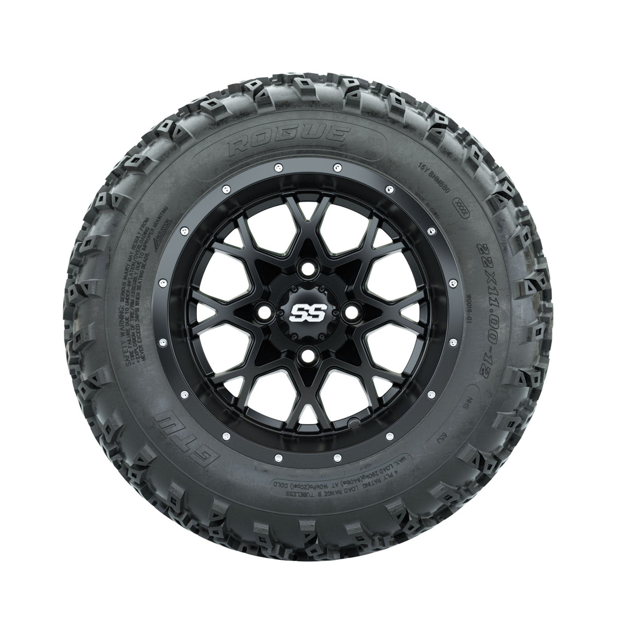 GTW Vortex Matte Black 12" Wheels with 22x11.00-12 Rogue All Terrain Tires Full Set