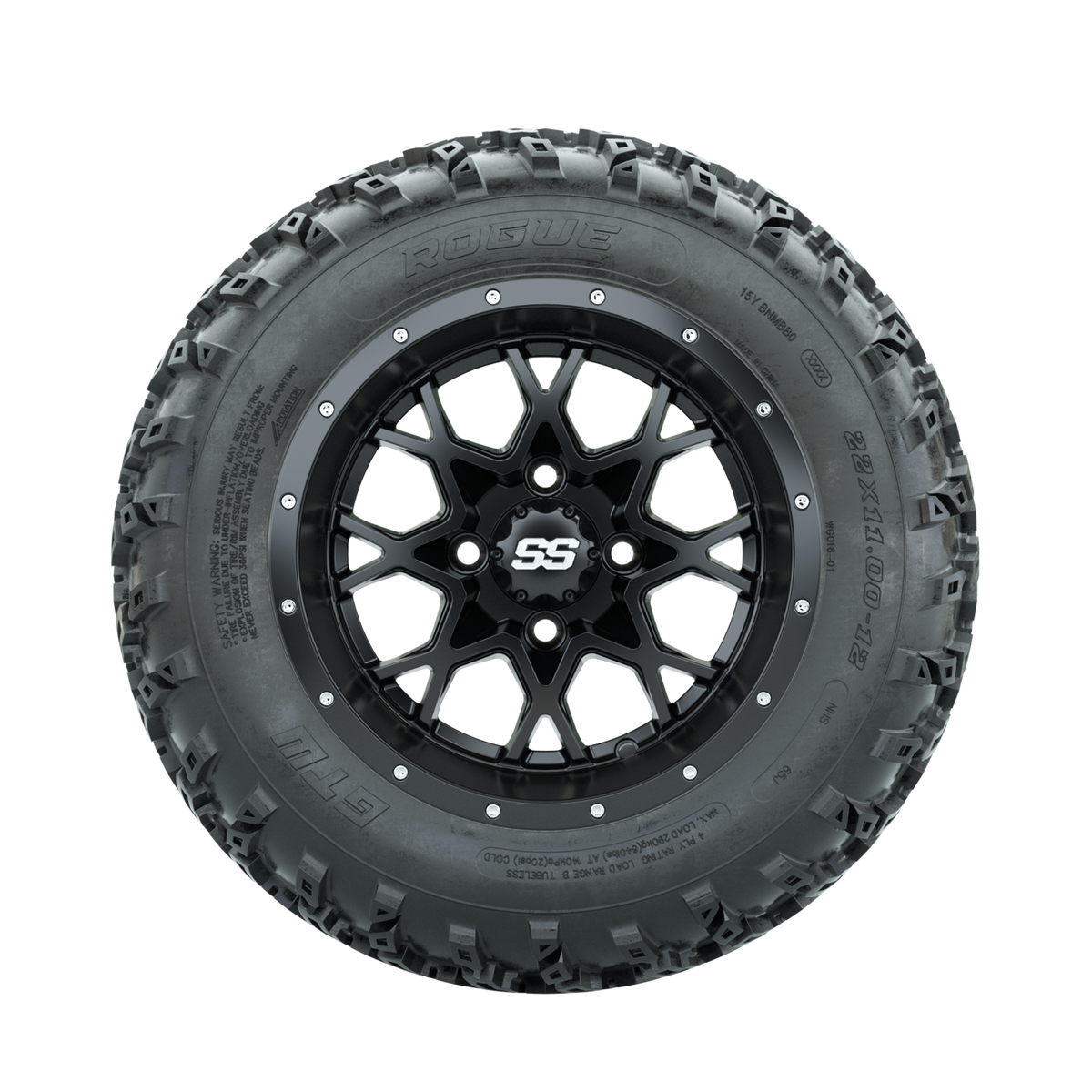 GTW Vortex Matte Black 12" Wheels with 22x11.00-12 Rogue All Terrain Tires Full Set