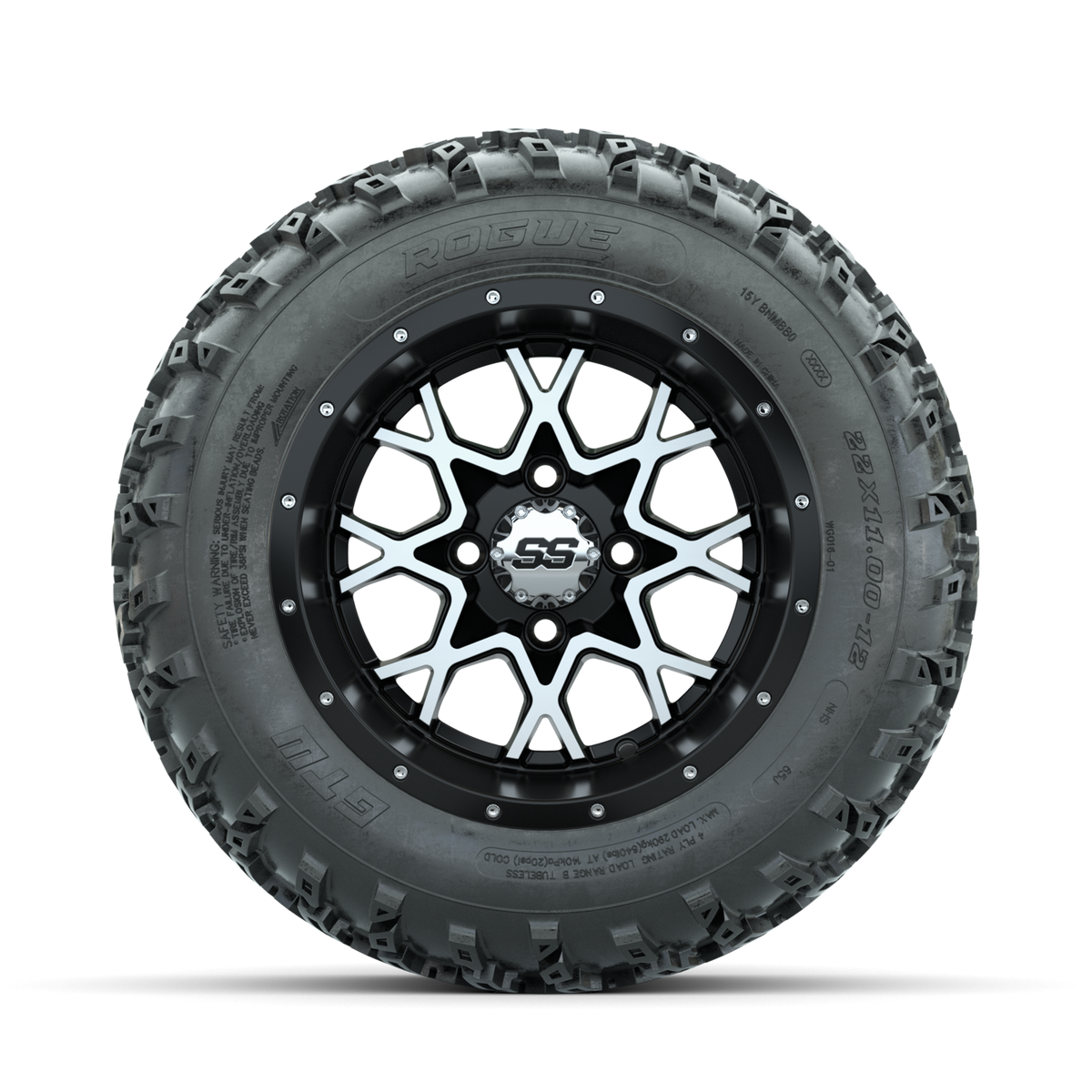 GTW Vortex Machined/Matte Black 12" Wheels with 22x11.00-12 Rogue All Terrain Tires Full Set
