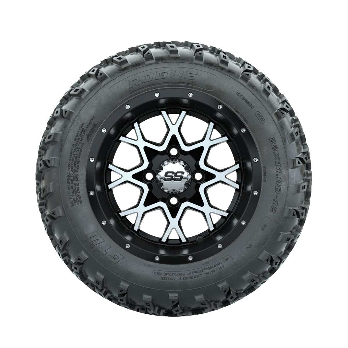 GTW Vortex Machined/Matte Black 12" Wheels with 22x11.00-12 Rogue All Terrain Tires Full Set