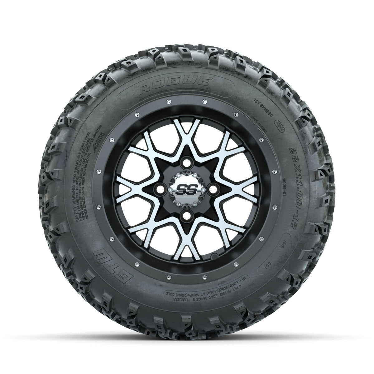 GTW Vortex Machined/Matte Grey 12" Wheels with 22x11.00-12 Rogue All Terrain Tires Full Set