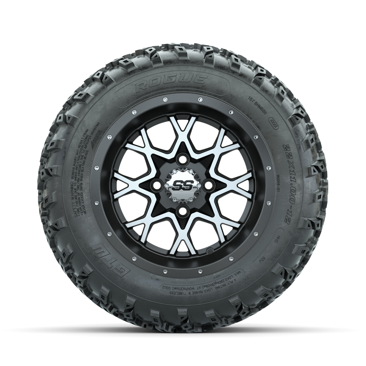 GTW Vortex Machined/Matte Grey 12" Wheels with 22x11.00-12 Rogue All Terrain Tires Full Set