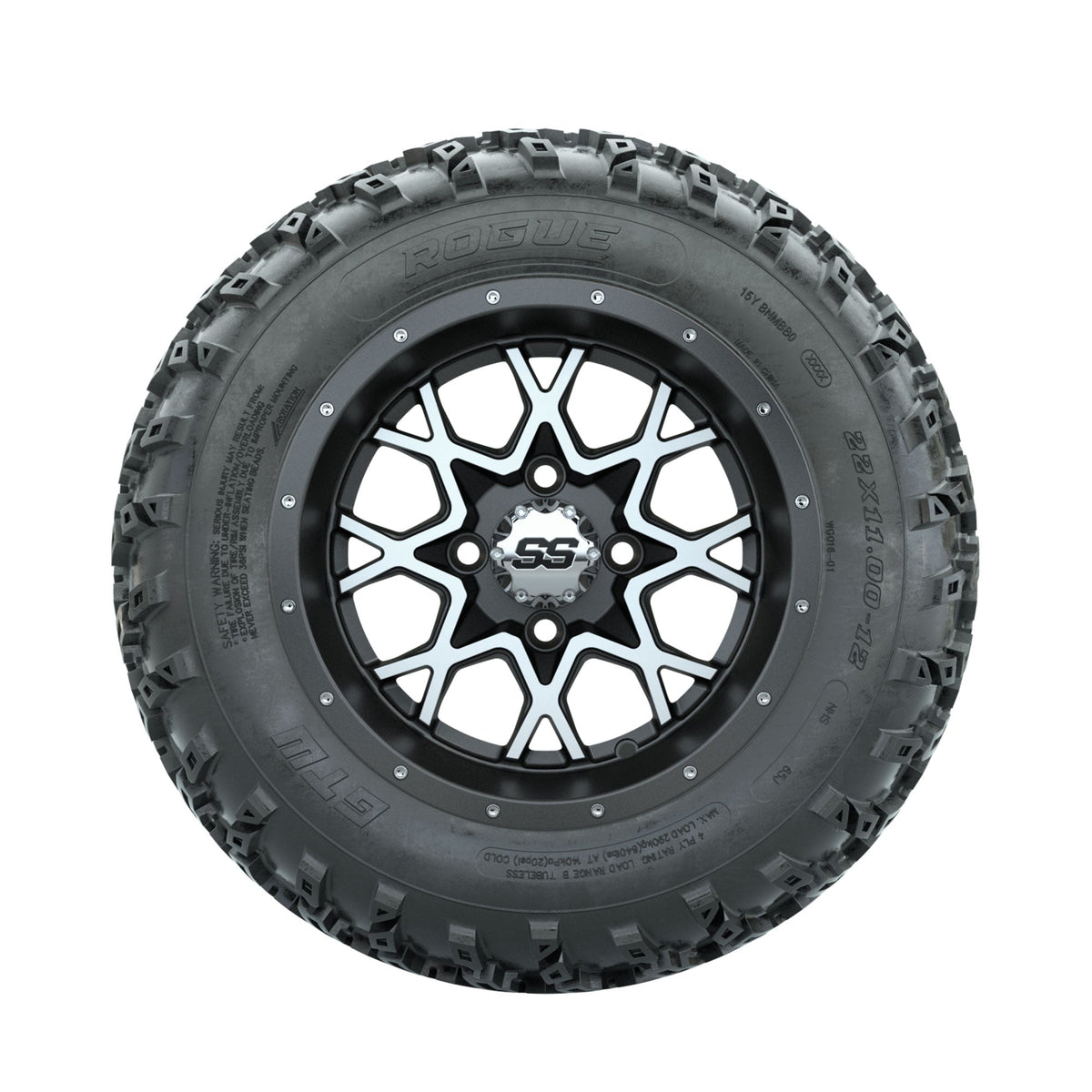 GTW Vortex Machined/Matte Grey 12" Wheels with 22x11.00-12 Rogue All Terrain Tires Full Set
