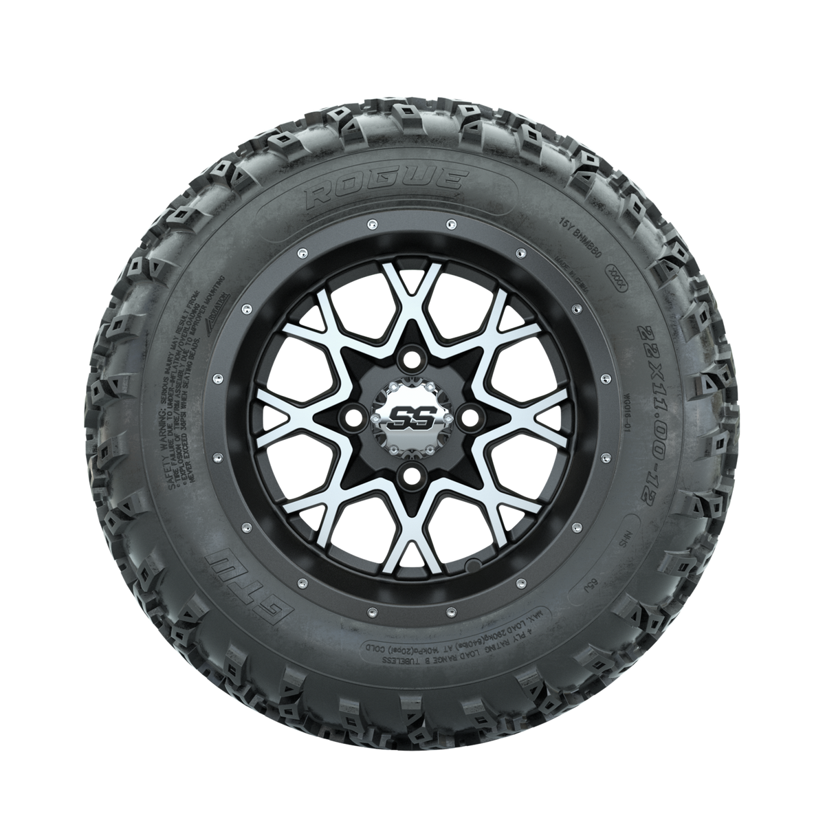 GTW Vortex Machined/Matte Grey 12" Wheels with 22x11.00-12 Rogue All Terrain Tires Full Set