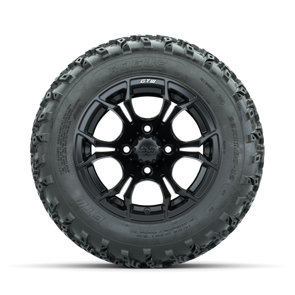 GTW Spyder Matte Black 12" Wheels with 22x11.00-12 Rogue All Terrain Tires Full Set