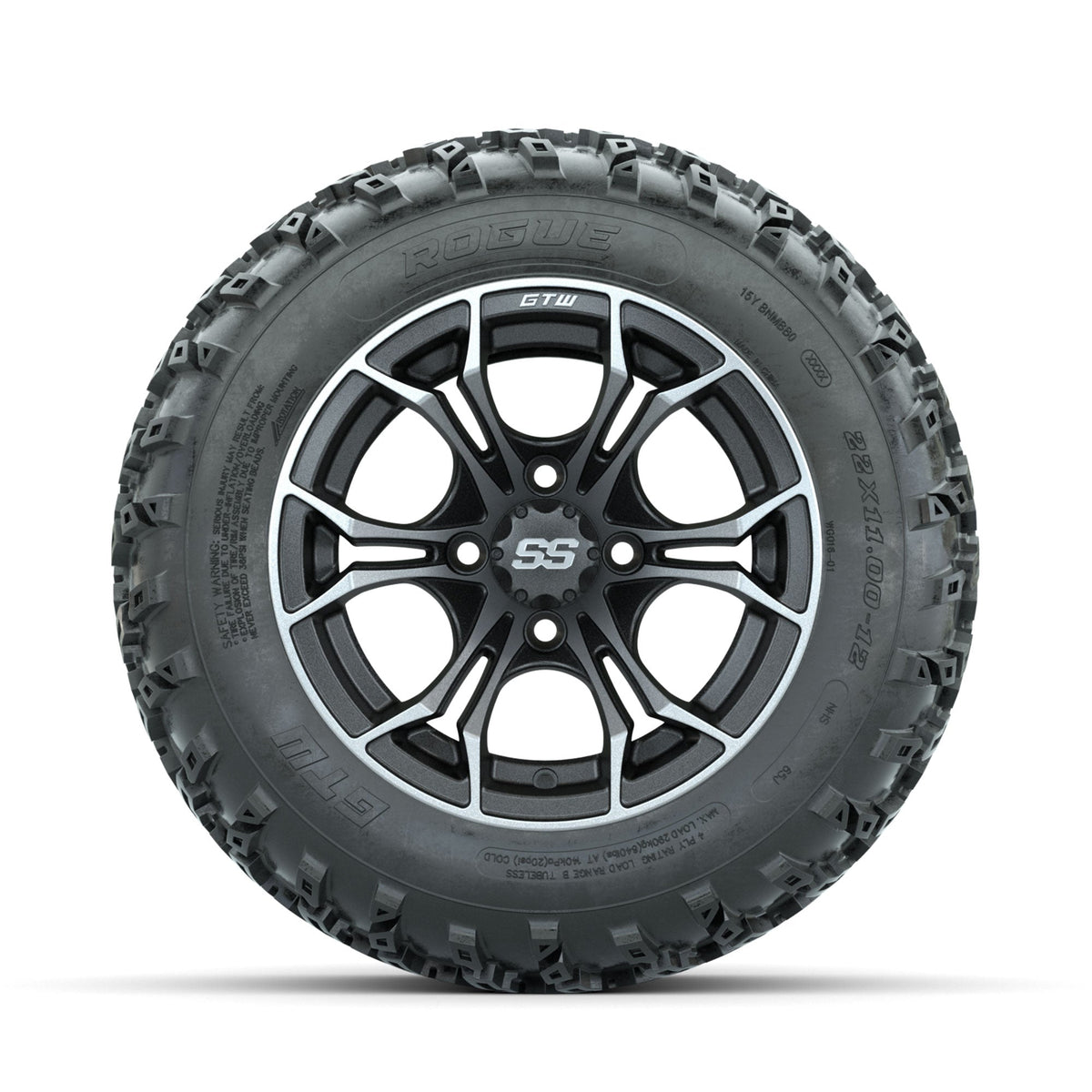 GTW Spyder Machined/Grey 12" Wheels with 22x11.00-12 Rogue All Terrain Tires Full Set