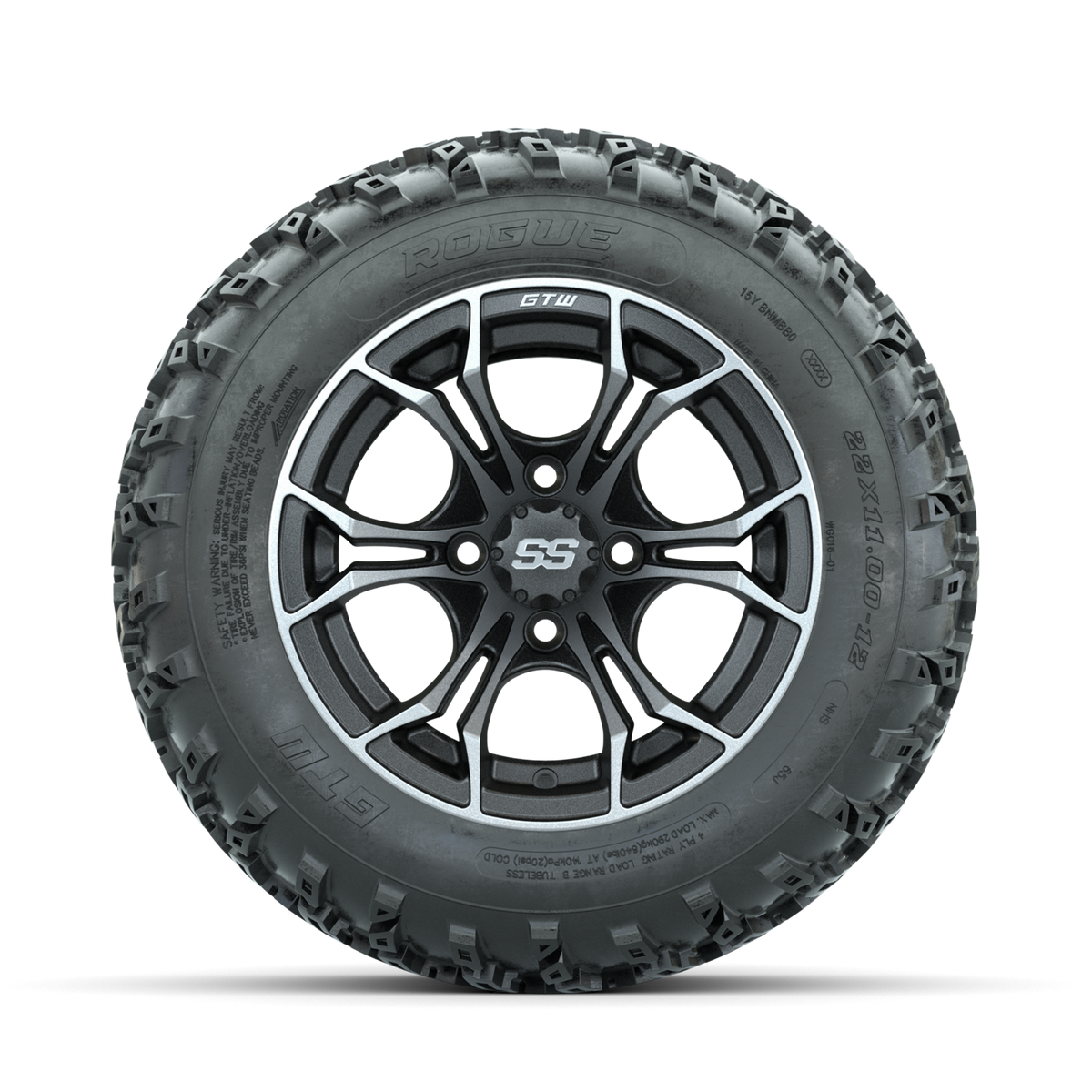 GTW Spyder Machined/Grey 12" Wheels with 22x11.00-12 Rogue All Terrain Tires Full Set