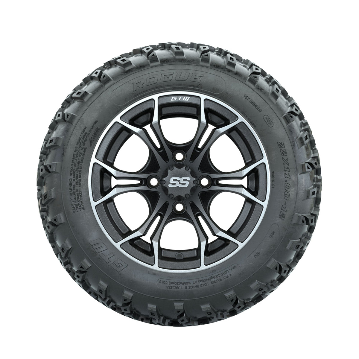 GTW Spyder Machined/Grey 12" Wheels with 22x11.00-12 Rogue All Terrain Tires Full Set