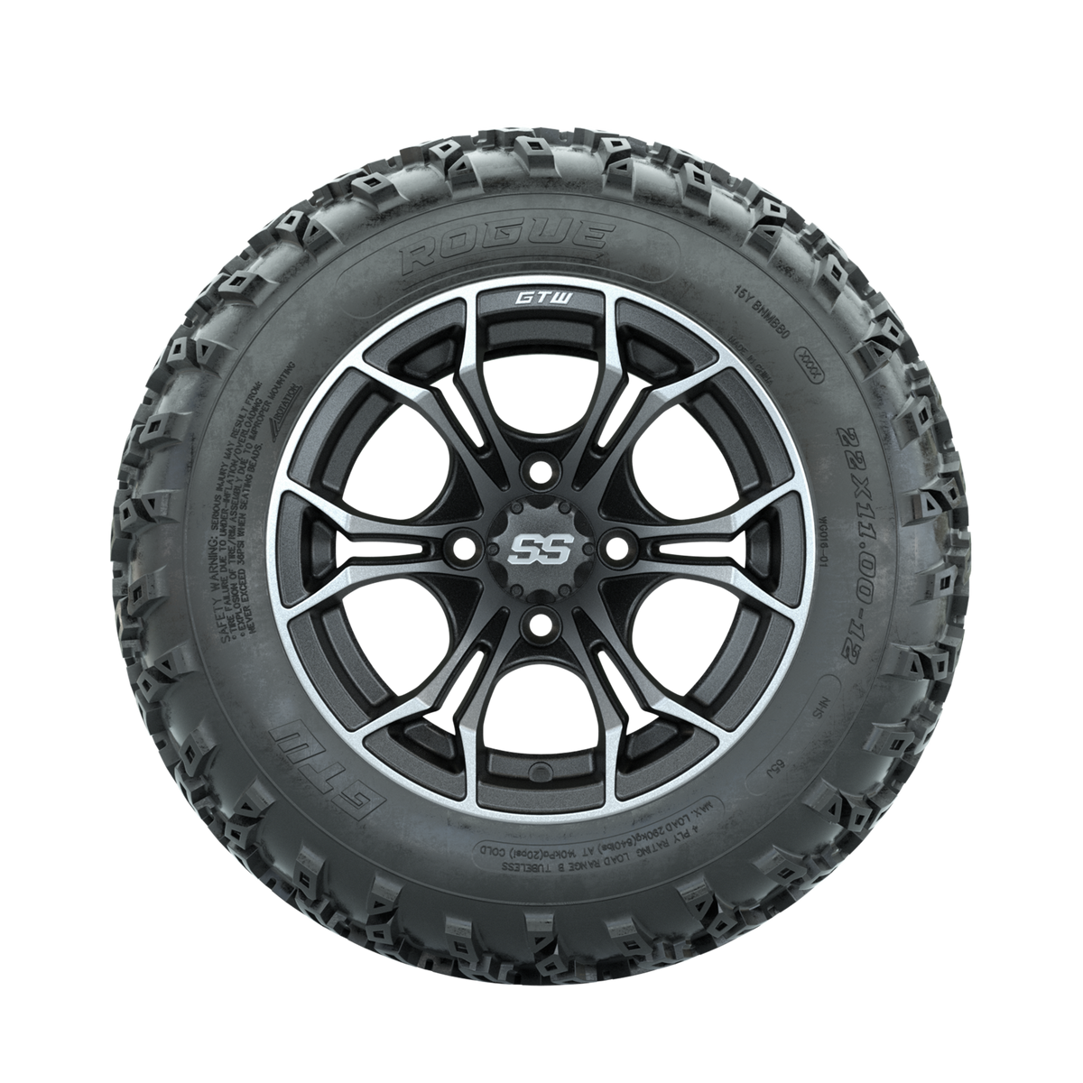 GTW Spyder Machined/Grey 12" Wheels with 22x11.00-12 Rogue All Terrain Tires Full Set