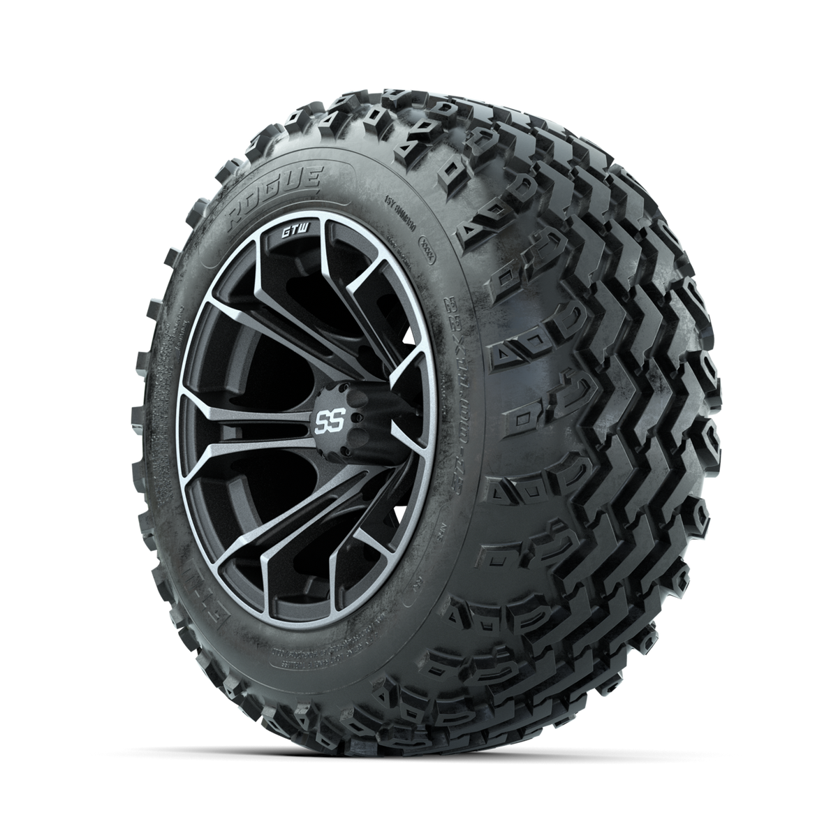 GTW Spyder Machined/Grey 12" Wheels with 22x11.00-12 Rogue All Terrain Tires Full Set