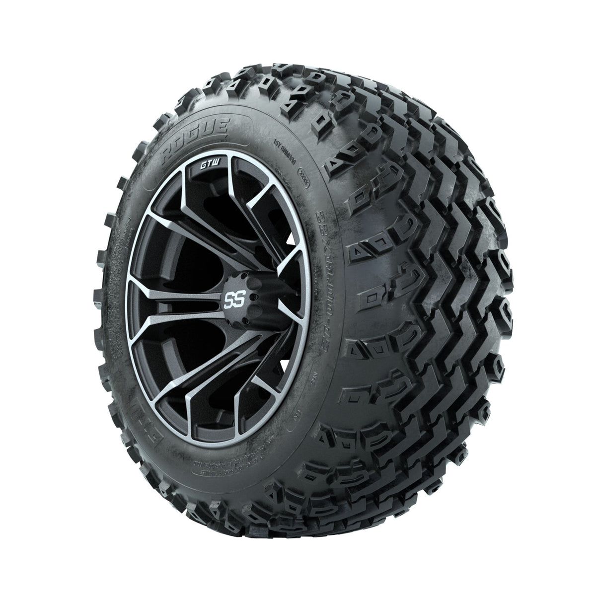 GTW Spyder Machined/Grey 12" Wheels with 22x11.00-12 Rogue All Terrain Tires Full Set