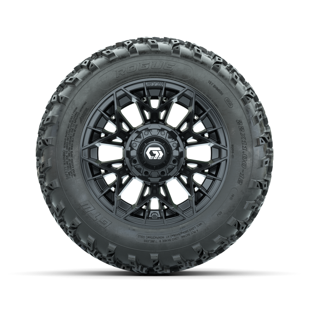 GTW Stellar Black 12" Wheels with 22x11.00-12 Rogue All Terrain Tires Full Set