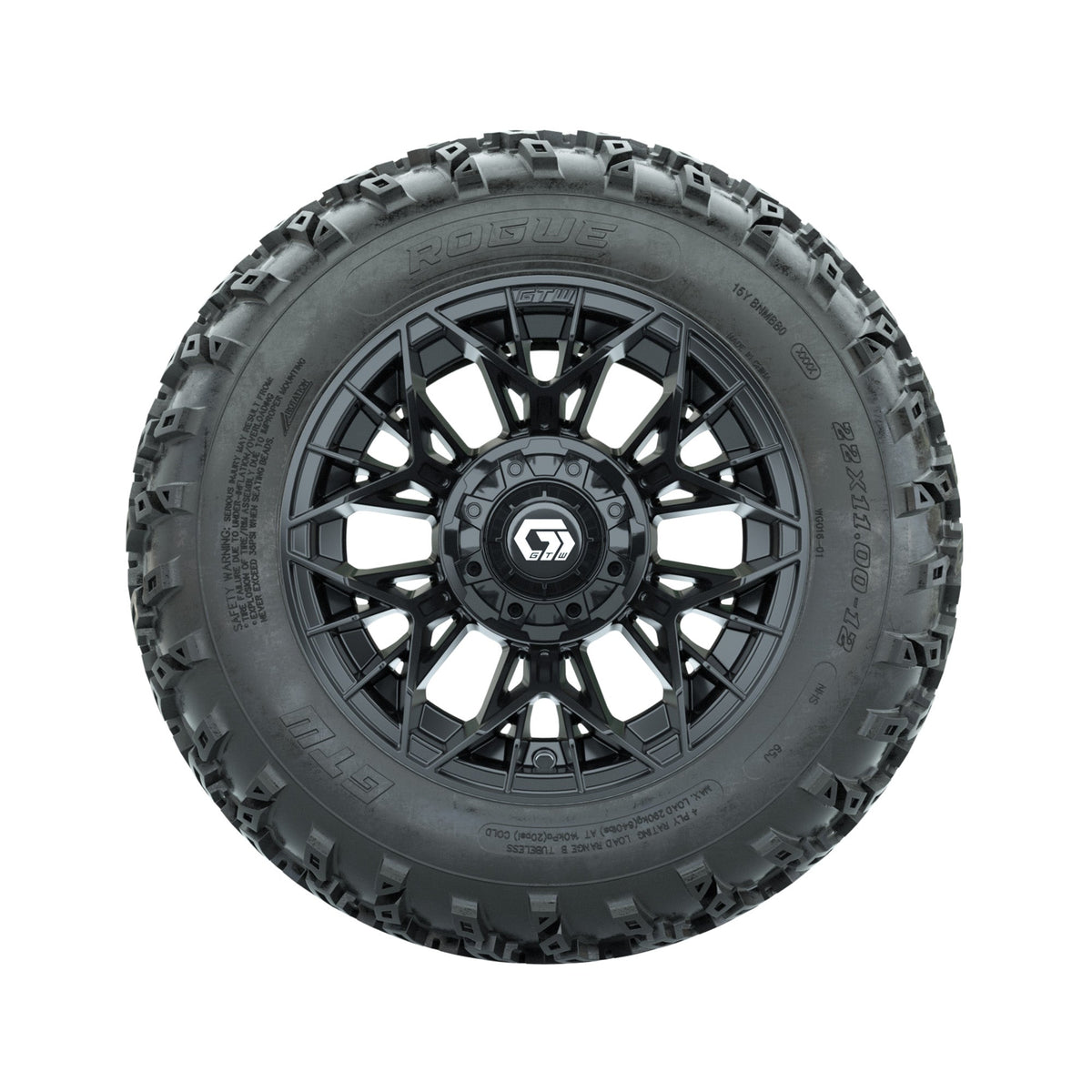 GTW Stellar Black 12" Wheels with 22x11.00-12 Rogue All Terrain Tires Full Set