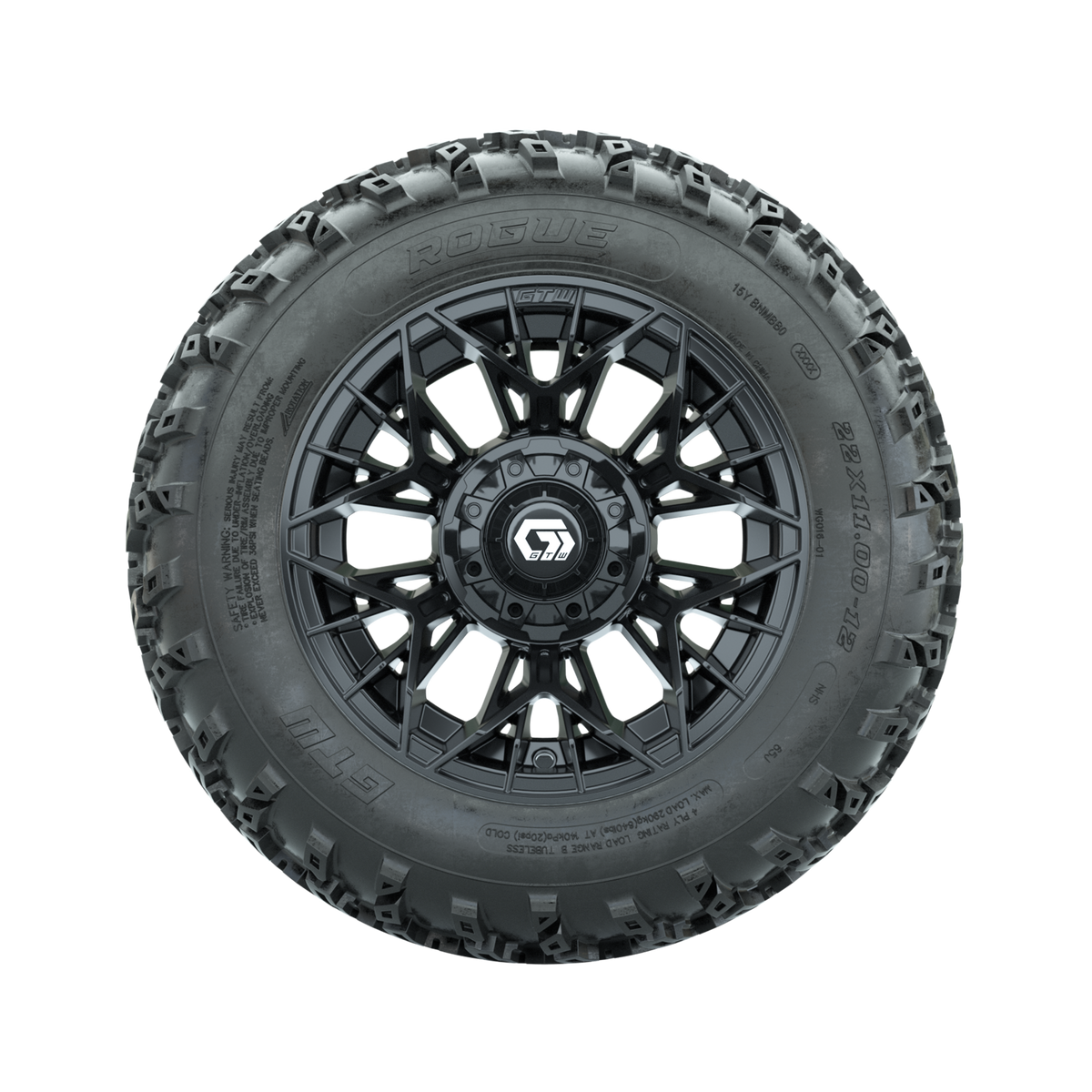GTW Stellar Black 12" Wheels with 22x11.00-12 Rogue All Terrain Tires Full Set