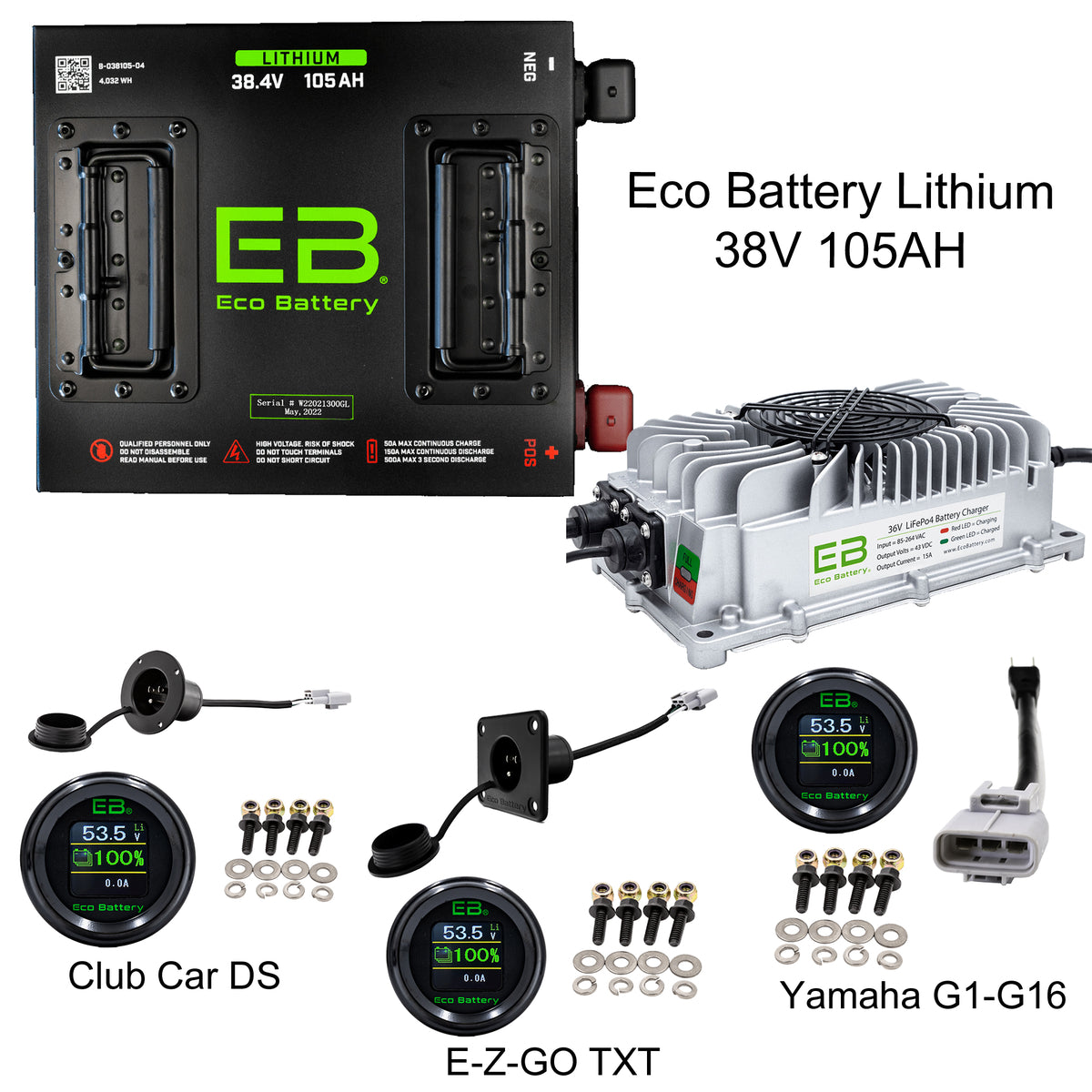 Eco Battery 38V 105Ah Lithium Golf Cart Battery - Choose Your Model Complete Bundle