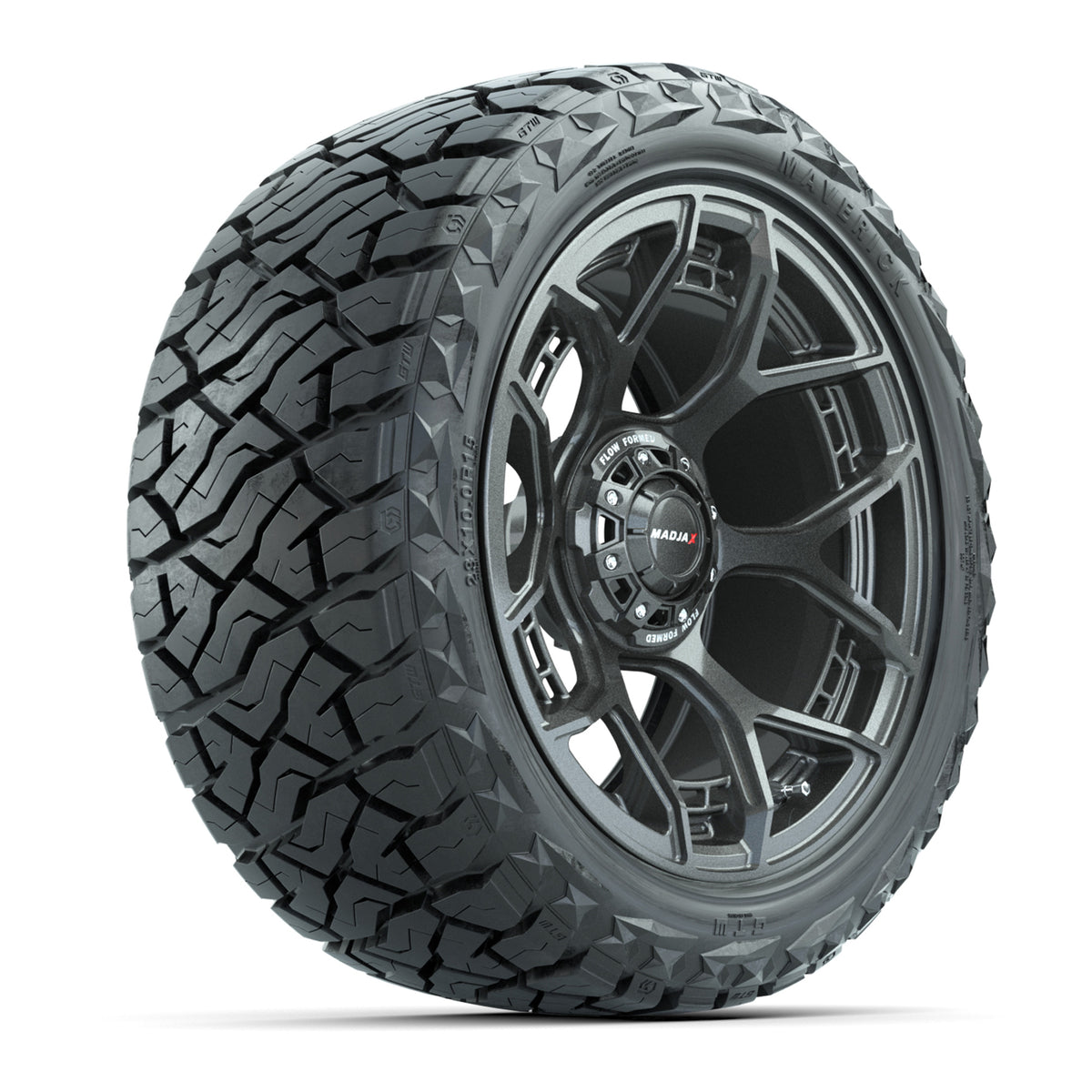 GTW MadJax® Flow Form Evolution Gunmetal 15" Wheels with 23x10.00-R15 Maverick All-Terrain Tires – Full Set