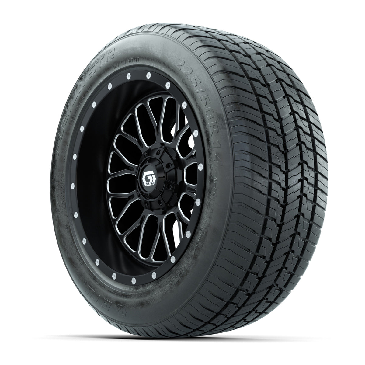 GTW® Helix Black and Machined 14" Wheels with 225/50-R14 Fusion STR DOT Approved Street Tires - Full Set
