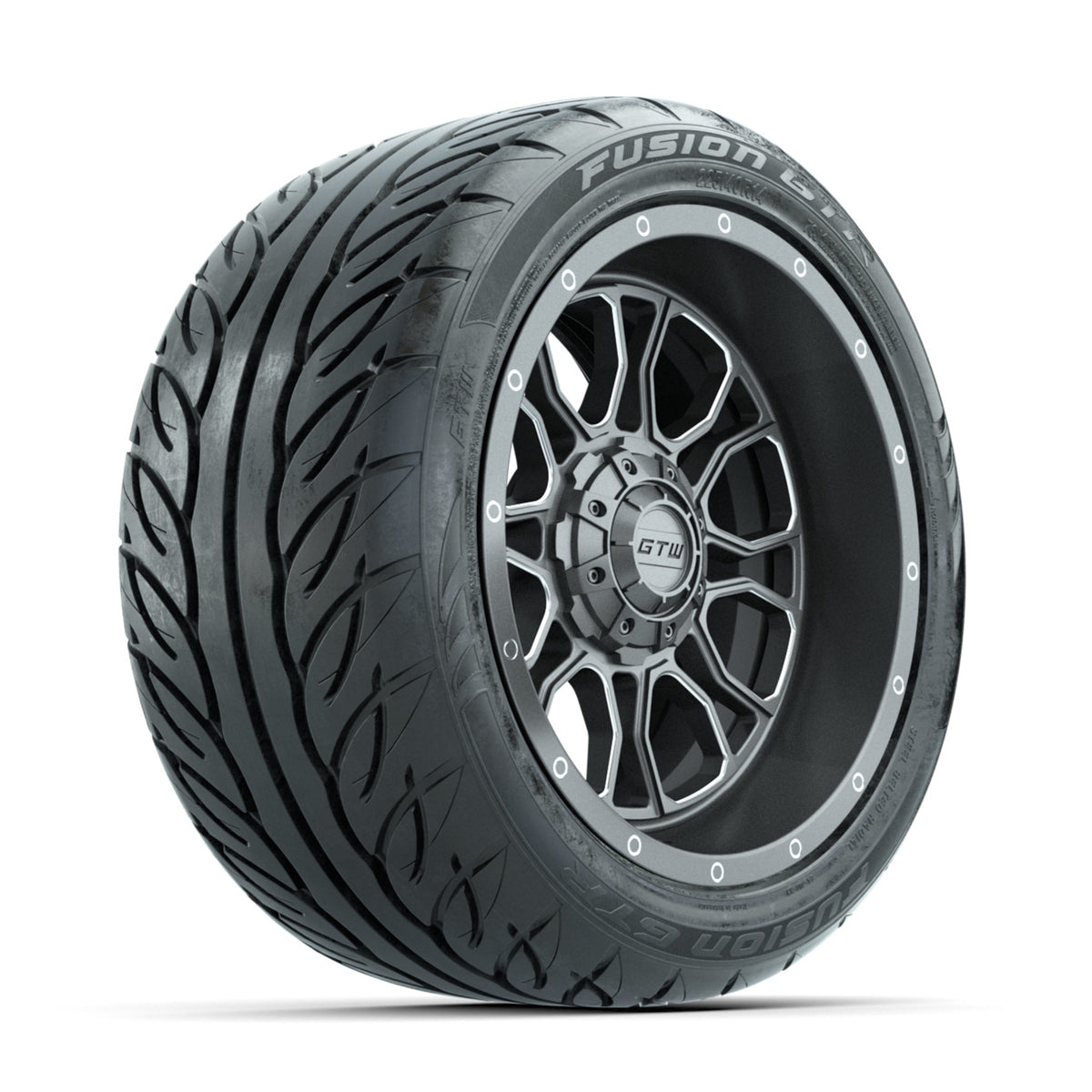 GTW Volt Gunmetal/Machined 14 in Wheels with 225/40-R14 Fusion GTR Street Tires Full Set