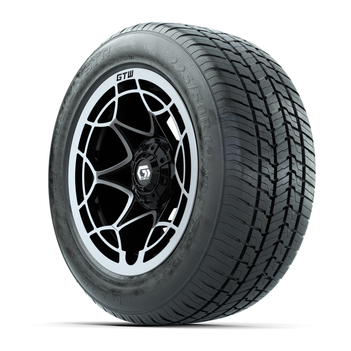 GTW® Nexus Gloss Black and Silver 14" Wheels with 225/50-R14 Fusion STR DOT Approved Street Tires - Full Set