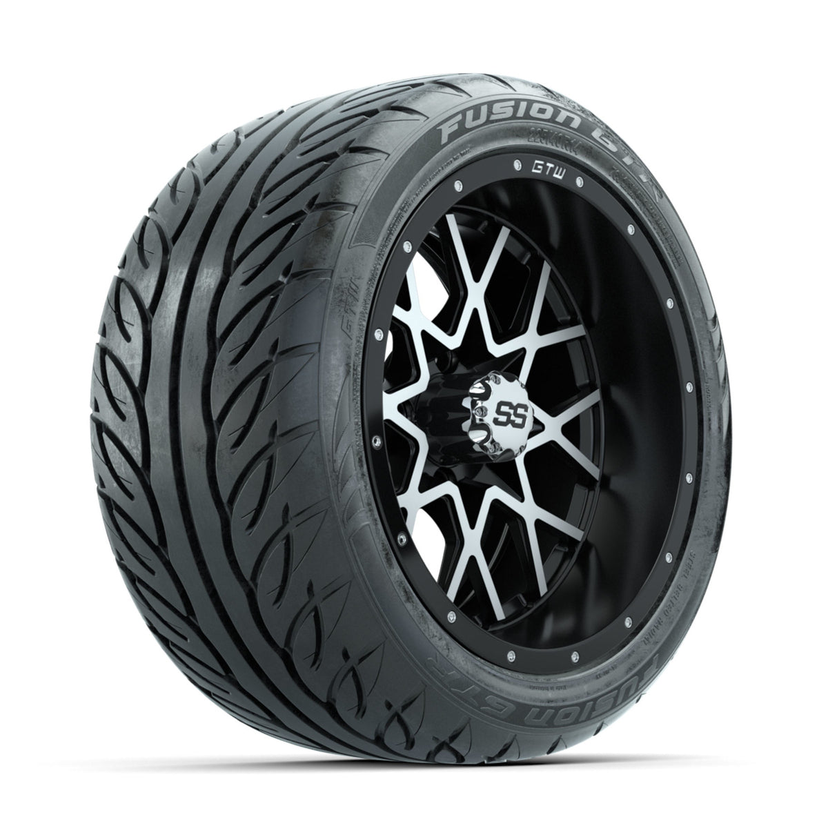 GTW Vortex Machined/Matte Black 14 in Wheels with 225/40-R14 Fusion GTR Street Tires Full Set