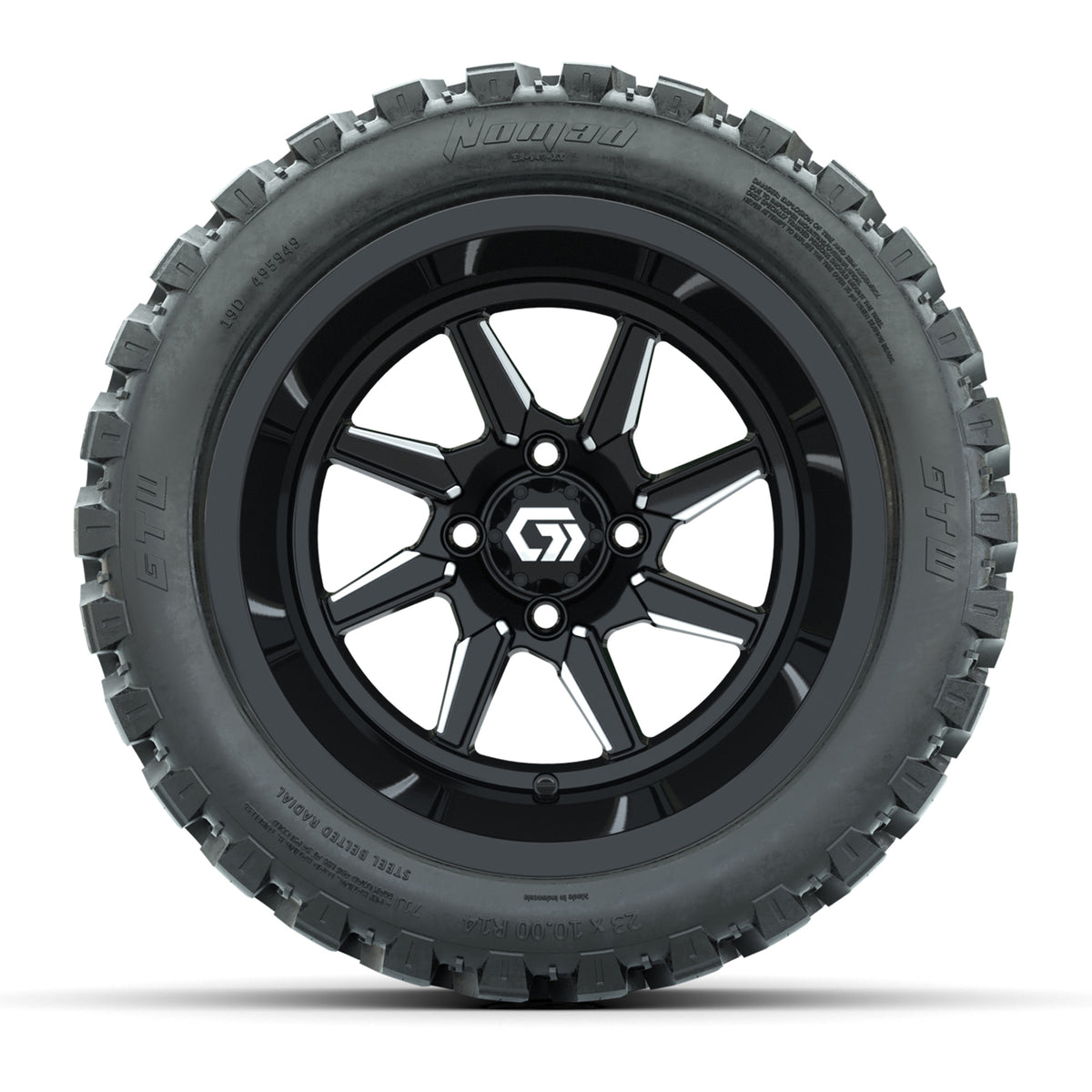 GTW Reaper Black & Machined 14" Golf Cart Wheels & 23X10-R14 Nomad Steel Belted Radial A/T Tires – Set of 4