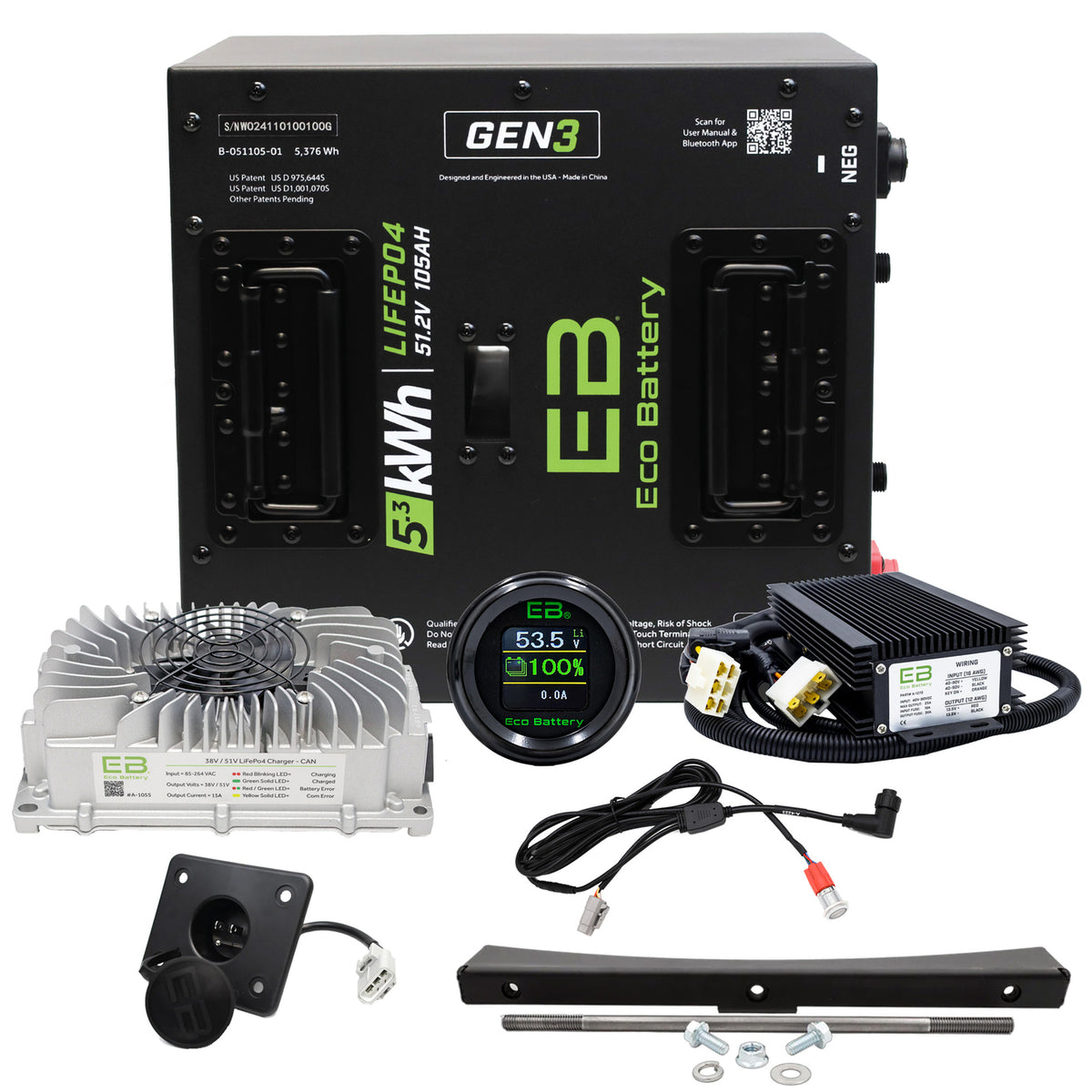 Eco Battery 51V 105Ah Lithium Golf Cart Battery Bundle - EZGO RXV Thru Hole Gen3