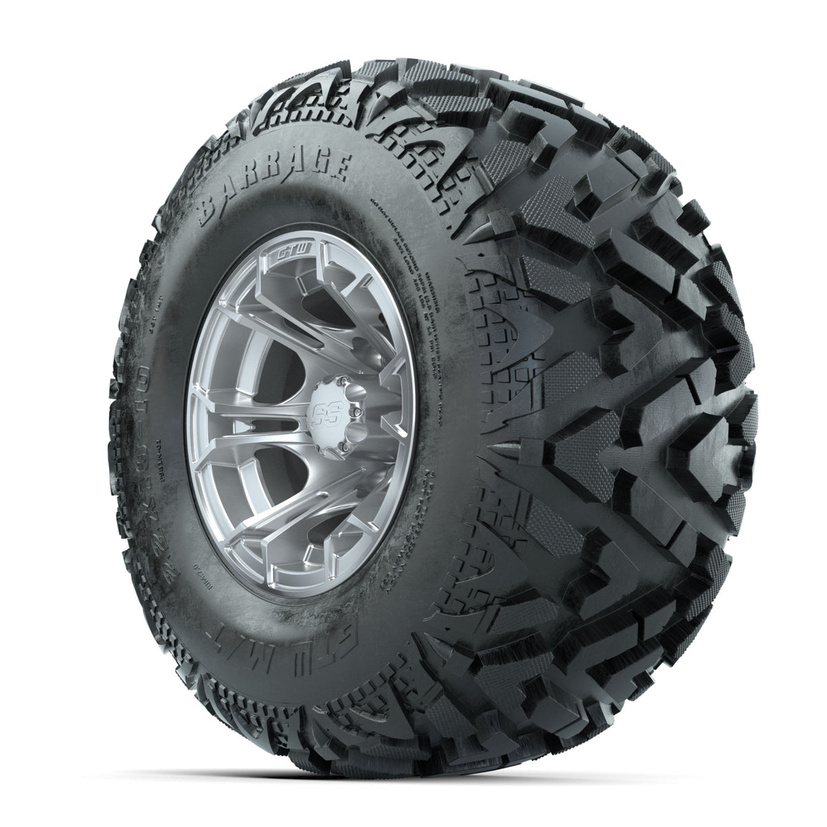 GTW Spyder Silver Brush 10 in Wheels with 22x10-10 Barrage Mud Tires – Full Set