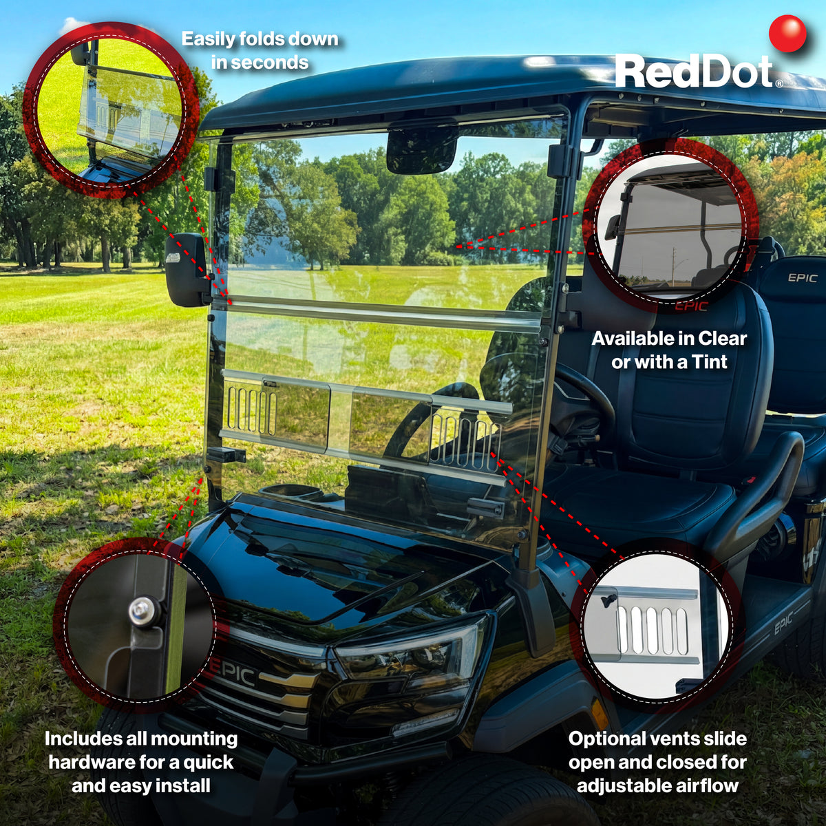 RedDot Clear Vented Folding Windshield for Epic E40FX Golf Cart (4-Forward Facing Seats)