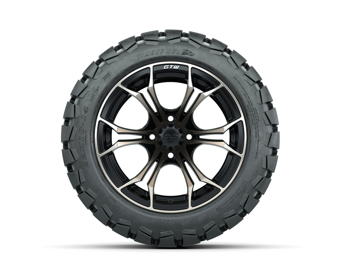 14" GTW® Spyder Matte Black & Bronze Golf Cart Wheels & 22x10-14 Timberwolf All-Terrain Tires (Set of 4)