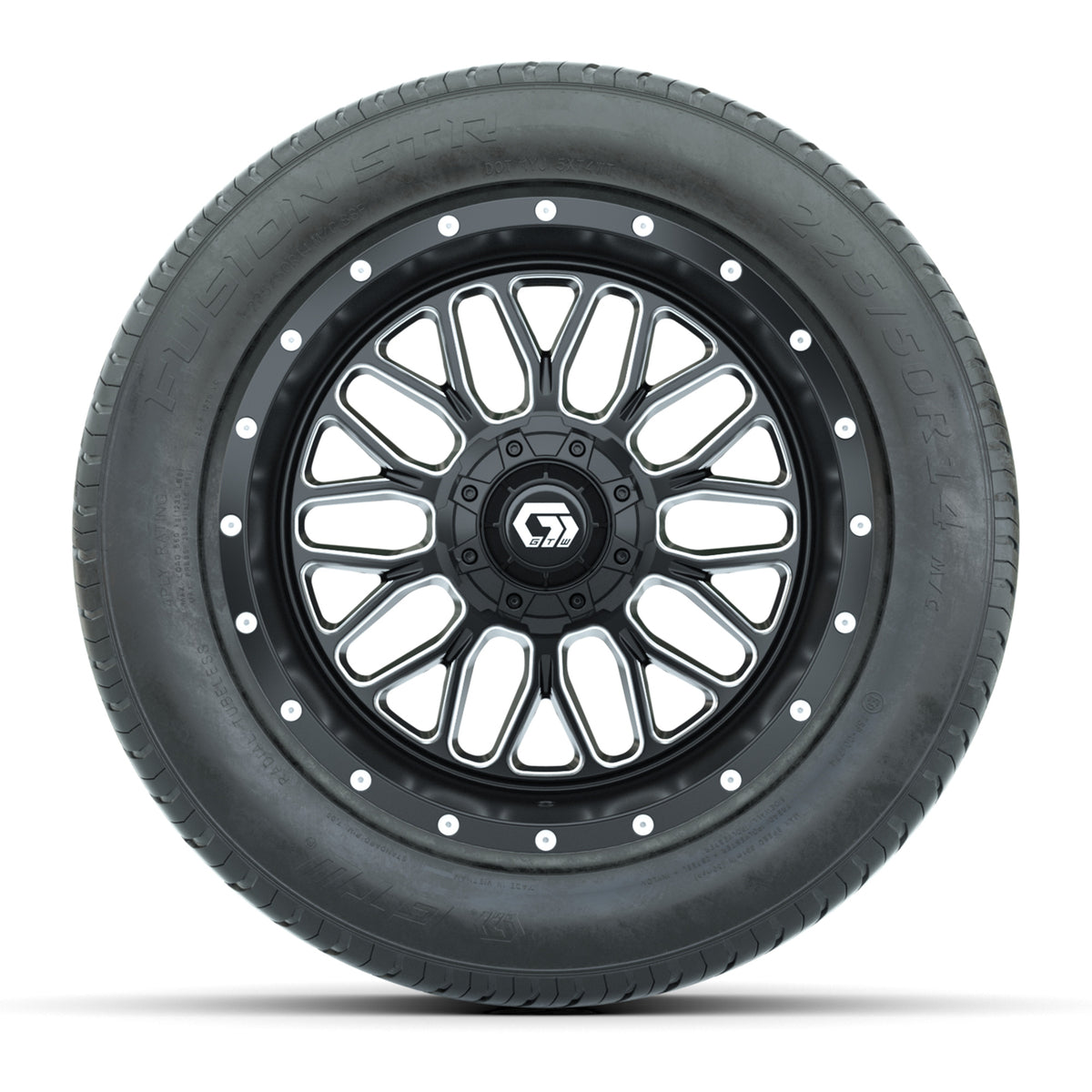 GTW® Helix Black and Machined 14" Wheels with 225/50-R14 Fusion STR DOT Approved Street Tires - Full Set