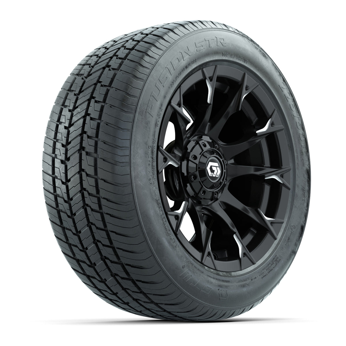 GTW® Diablo Gloss Black and Machined 14" Wheels with 225/50-R14 Fusion STR DOT Approved Street Tires - Full Set