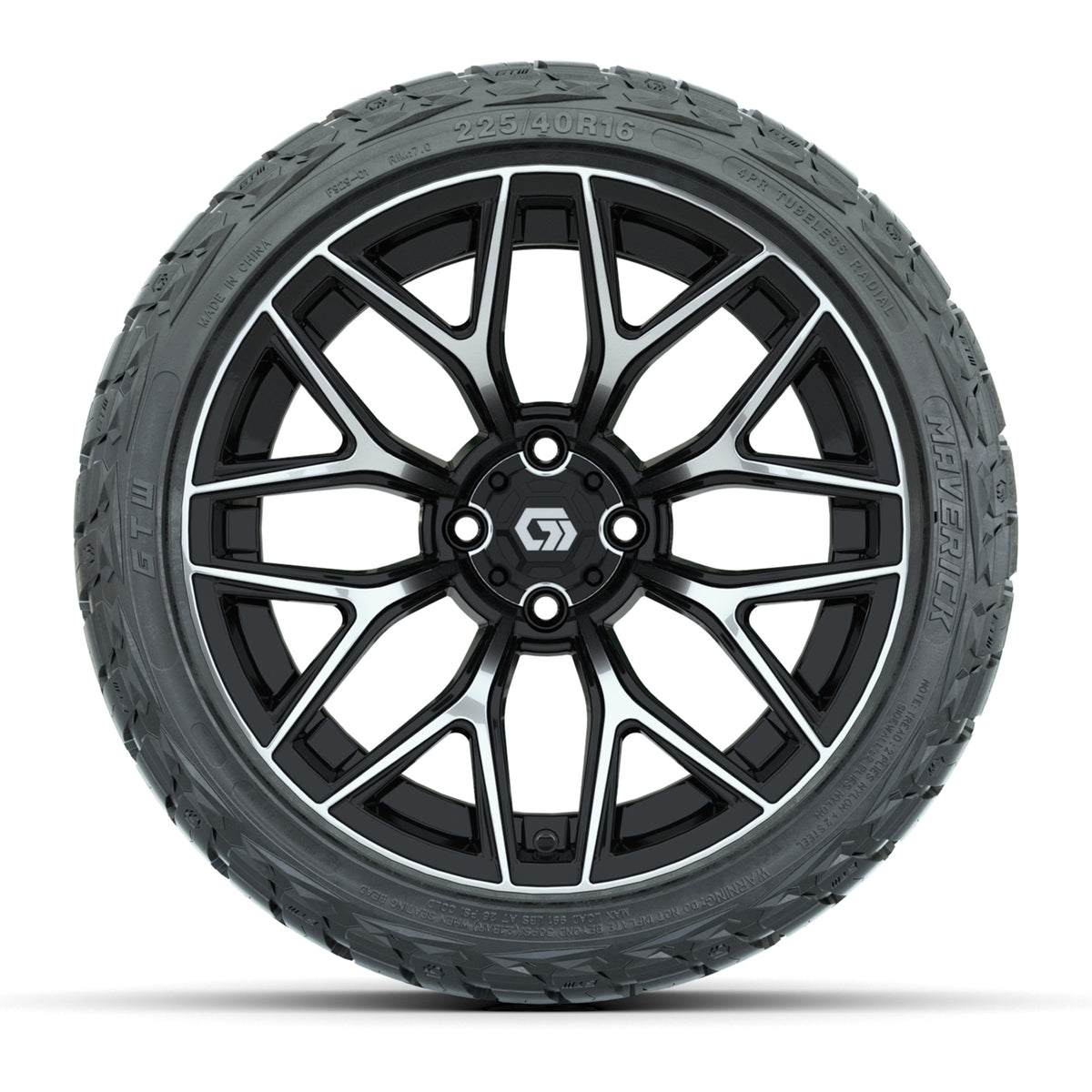 GTW 16" Monaco Black/Machined Golf Cart Wheels & 225/40-R16 Maverick Street Tires