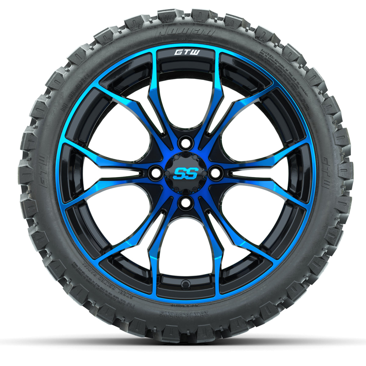 GTW Spyder Blue/Black 15" Wheels with 23x10-R15 Nomad All-Terrain Tires - Set of 4