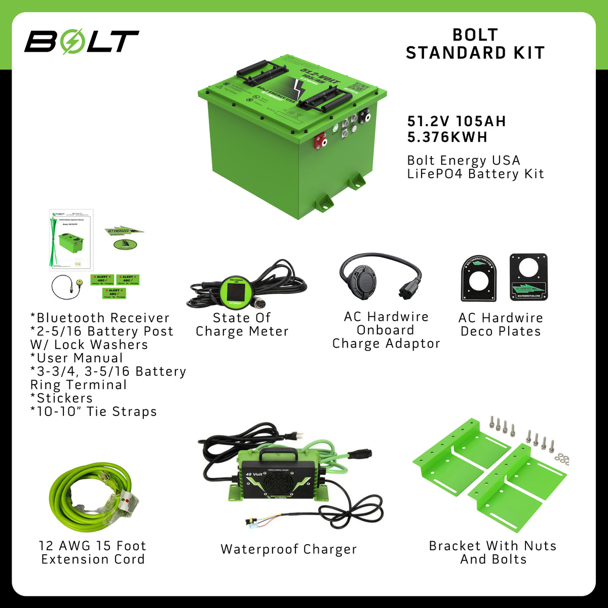 Replace VanGuard Lithium in Club Car Tempo/Onward Bolt Lithium 51v 105ah Bundle 12 Year Warranty Plug-N-Play