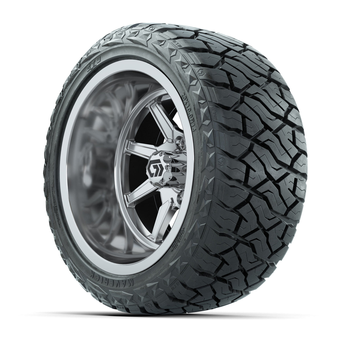 GTW Reaper Chrome 14" Golf Cart Wheels & 23X10-R14 Maverick Steel Belted Radial A/T Tires – Set of 4