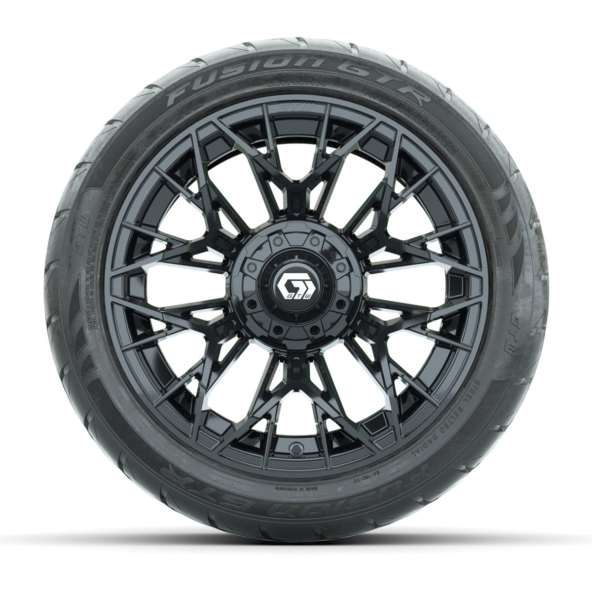 GTW Stellar Matte Black 14 in Wheels with 225/40-R14 Fusion GTR Street Tires Full Set