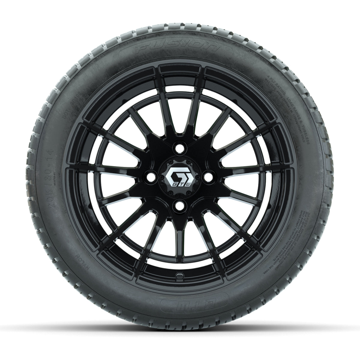GTW® Boost Gloss Black 14 in Wheels with 205/30-14 Fusion Street Tires Full Set