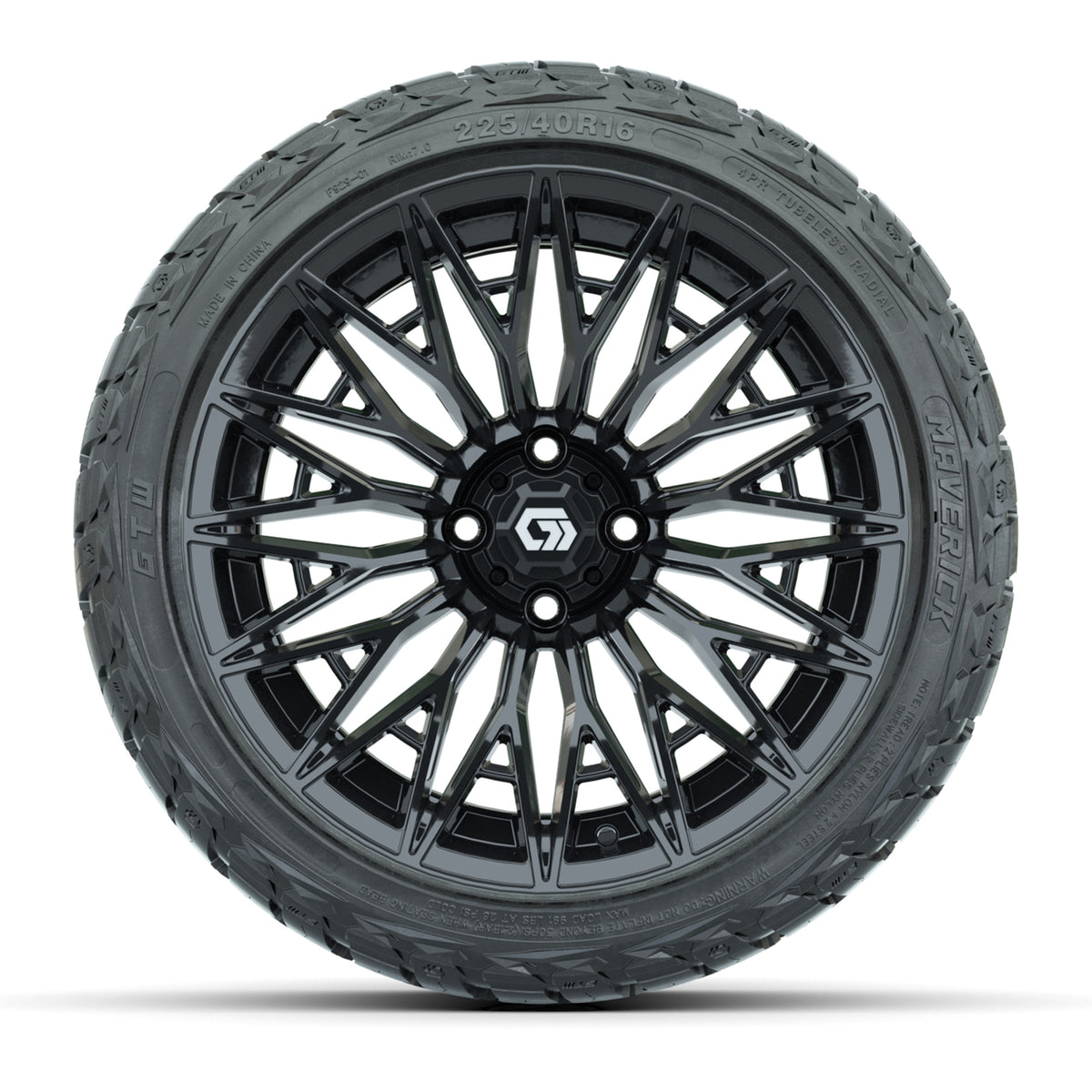 GTW 16" BLUR Gloss Black Golf Cart Wheels & 225/40R16 Maverick All-Terrain Tires