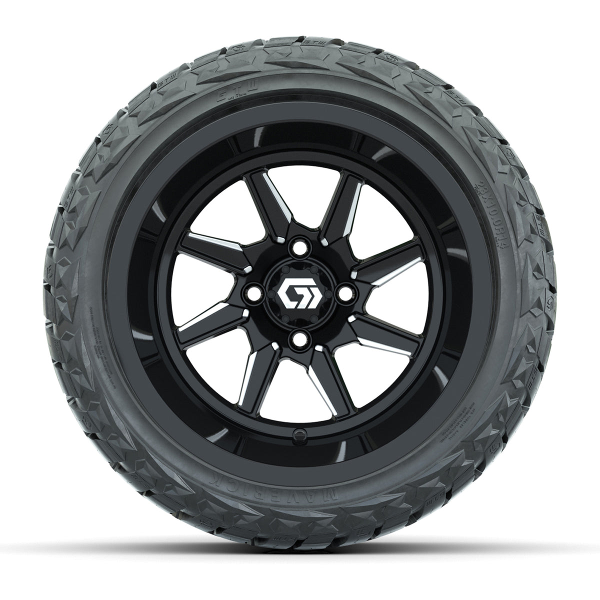 GTW Reaper Black & Machined 14" Golf Cart Wheels & 23X10-R14 Maverick Steel Belted Radial A/T Tires – Set of 4