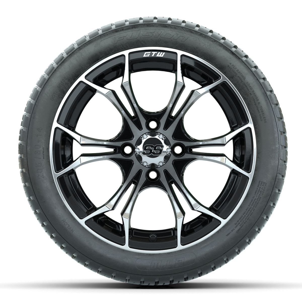 GTW Spyder Machined/Black 14" Wheels with 205/30-14 Fusion Street Tires Full Set